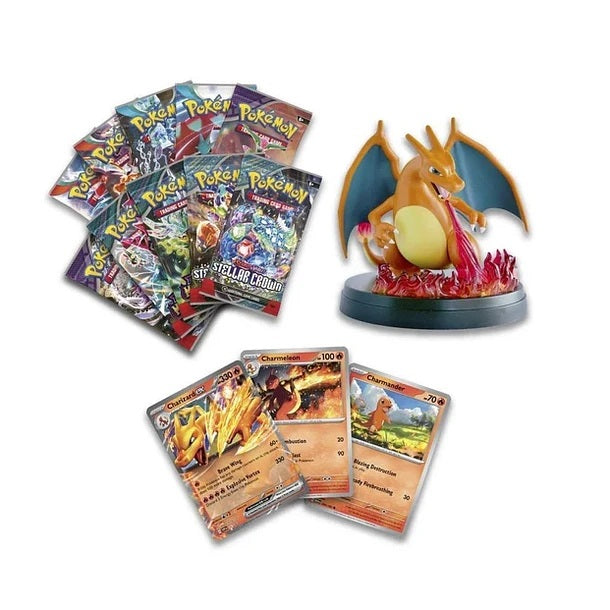 ¿Qué Incluye la Charizard Ex Super Premium Pokemon TCG Pokémon TCG?
La Charizard Ex Super Premium Pokemon TCG viene repleta de emocionantes sorpresas que cualquier fan de Pokémon TCG amará. Esta edición especial incluye:
Paquetes de Refuerzo de Pokémon TCG: Múltiples paquetes de refuerzo que contienen cartas adicionales para que los jugadores expandan sus mazos y descubran nuevas estrategias.
Cartas Especiales y Promocionales Cartas promocionales exclusivas