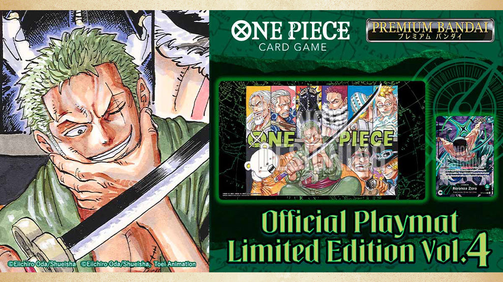 ilustracion en la que se ve el aspecto del tapete con zoro en medio y los subcaptinas de las bandas principales detras, a la derecha ilustracion de la carta de zoro lider incluida