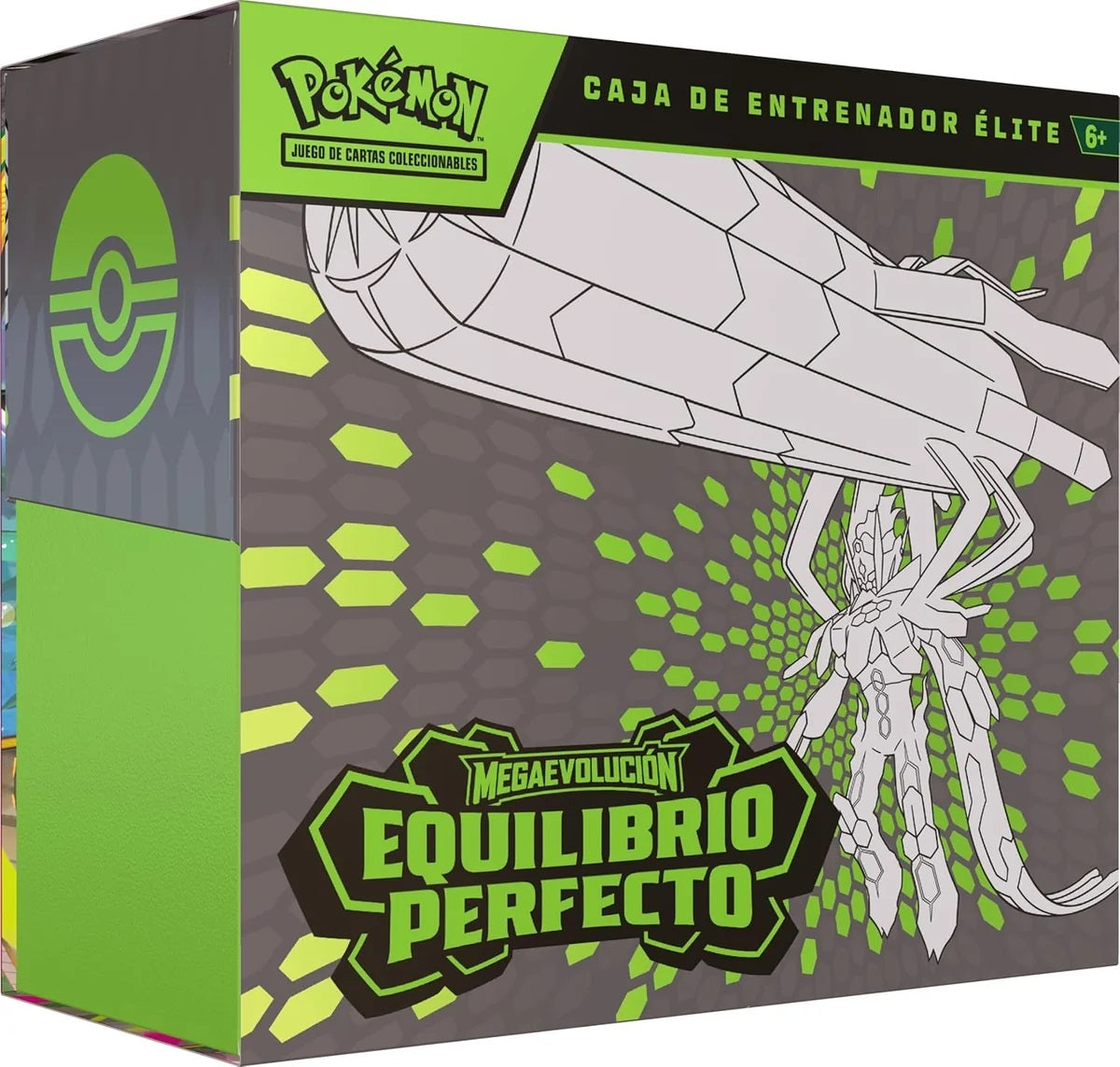 ETB equilibrio Perfecto color verde y gris con la figura en blanco del Pokemon MegaZygarde