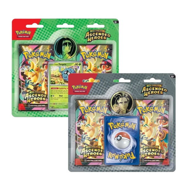 dos ilustraciones de las dos versiones, cada una tiene una moneda diferente de un lider de gimnasio, una carta promocional y dos sobres de la coleccion heroes ascendentes