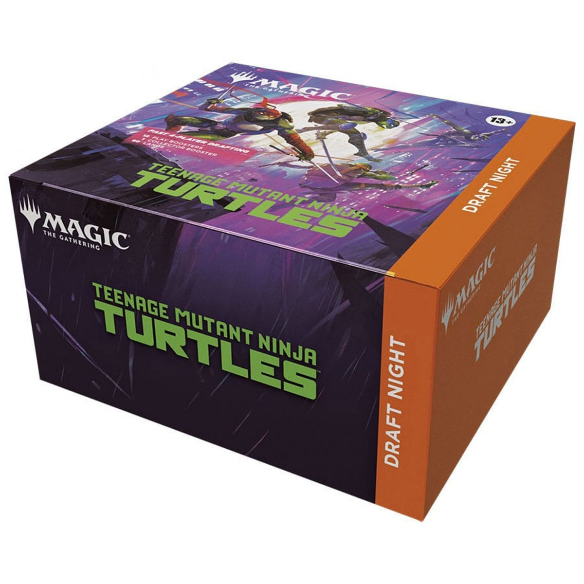 ilustracion de la caja draft night se ven a las 4 tortugas protagonistas de las erie 3 de ellas saltando en el aire