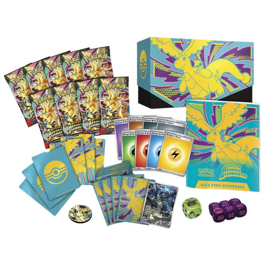 foto contenido de la etb, 9 sobres, moneda, marcadores, dados, carta promo y energias de juego