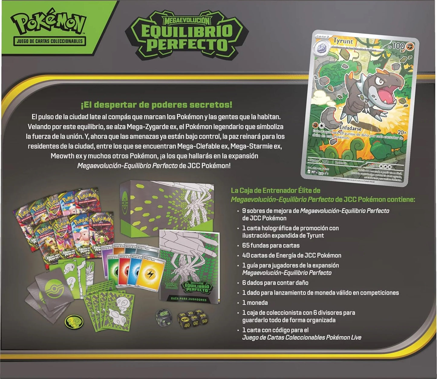 Parte posterior de la ETB Equilibrio perfecto, se ve una lista con el contenido de la etb y la carta promocional en grande del pokemon tyrunt