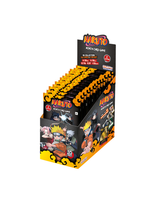 Ilustracion Caja de sobres del TCG Naruto Mythos, aparecen kakashi , naruto y sakura entre otros personajes clasicos de la serie