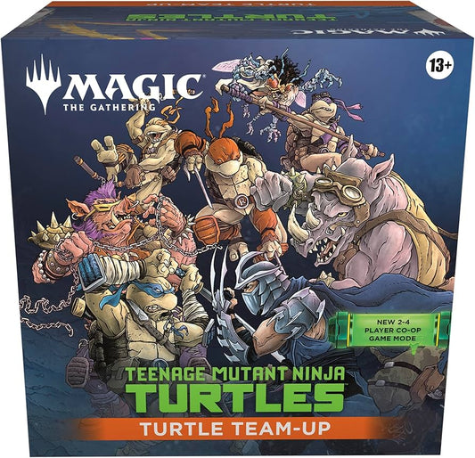 ilustracion de la caja de team up. Se ven a las 4 tortugas con sus ilustraciones originales y varios enemigos a los que se enfrentan 